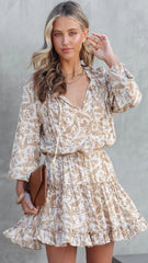 Khaki Leaves Silhouette Long Sleeves Dress