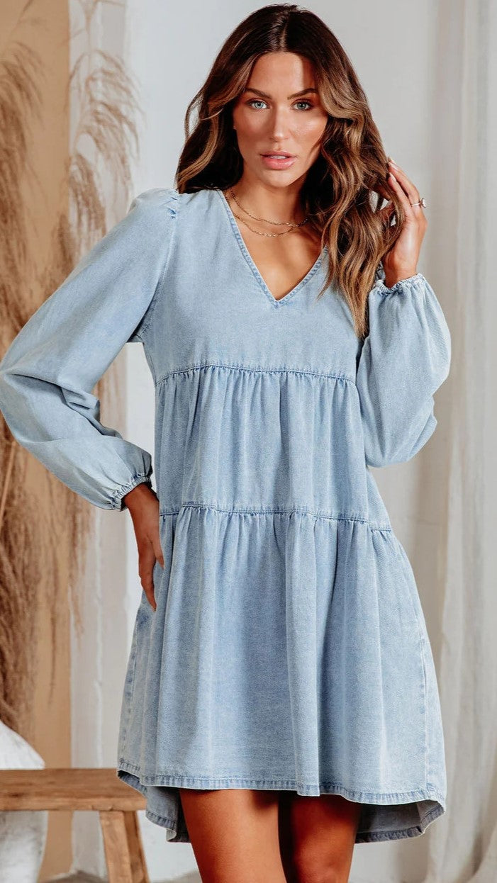 Blue Long Sleeves Denim Mini Dress