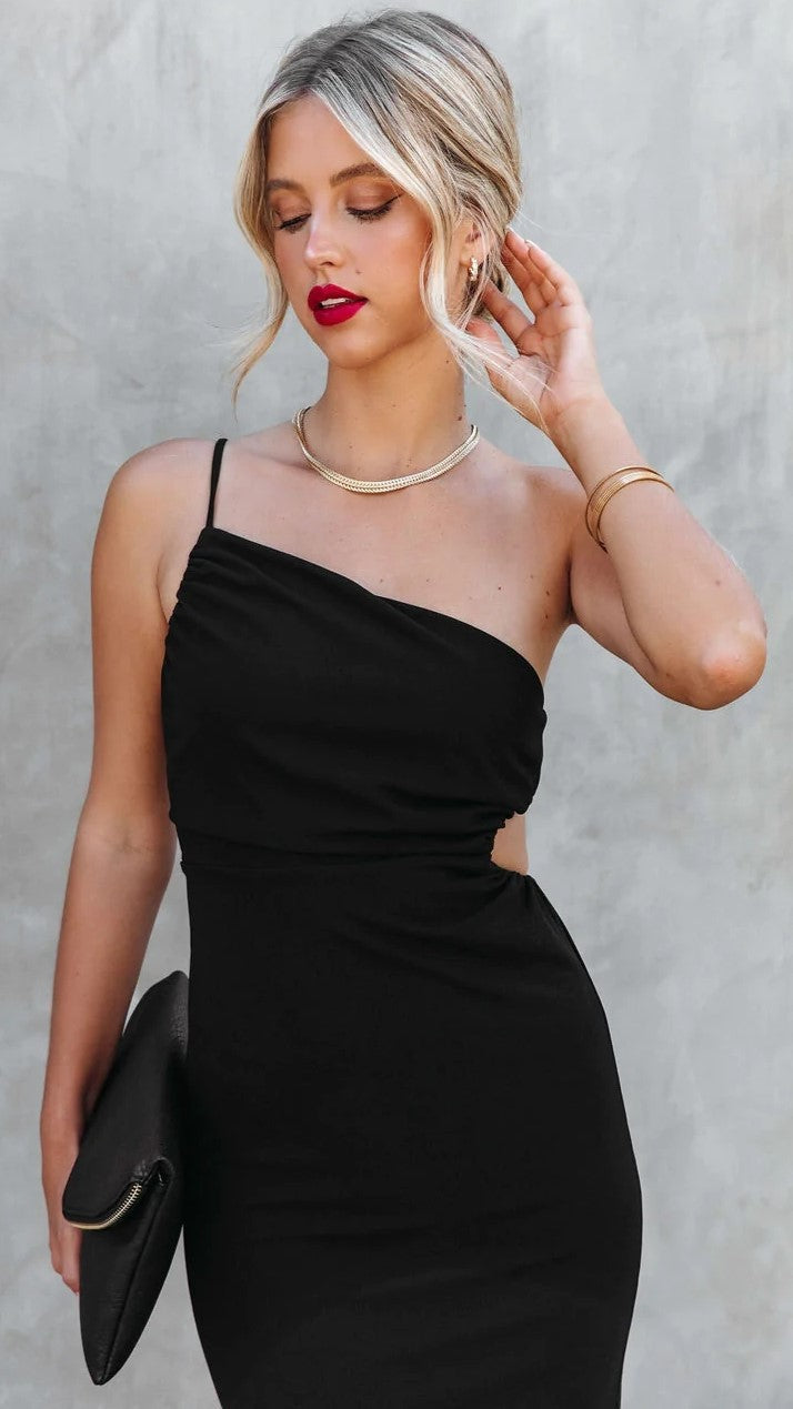 Black One Shoulder Midi Dress