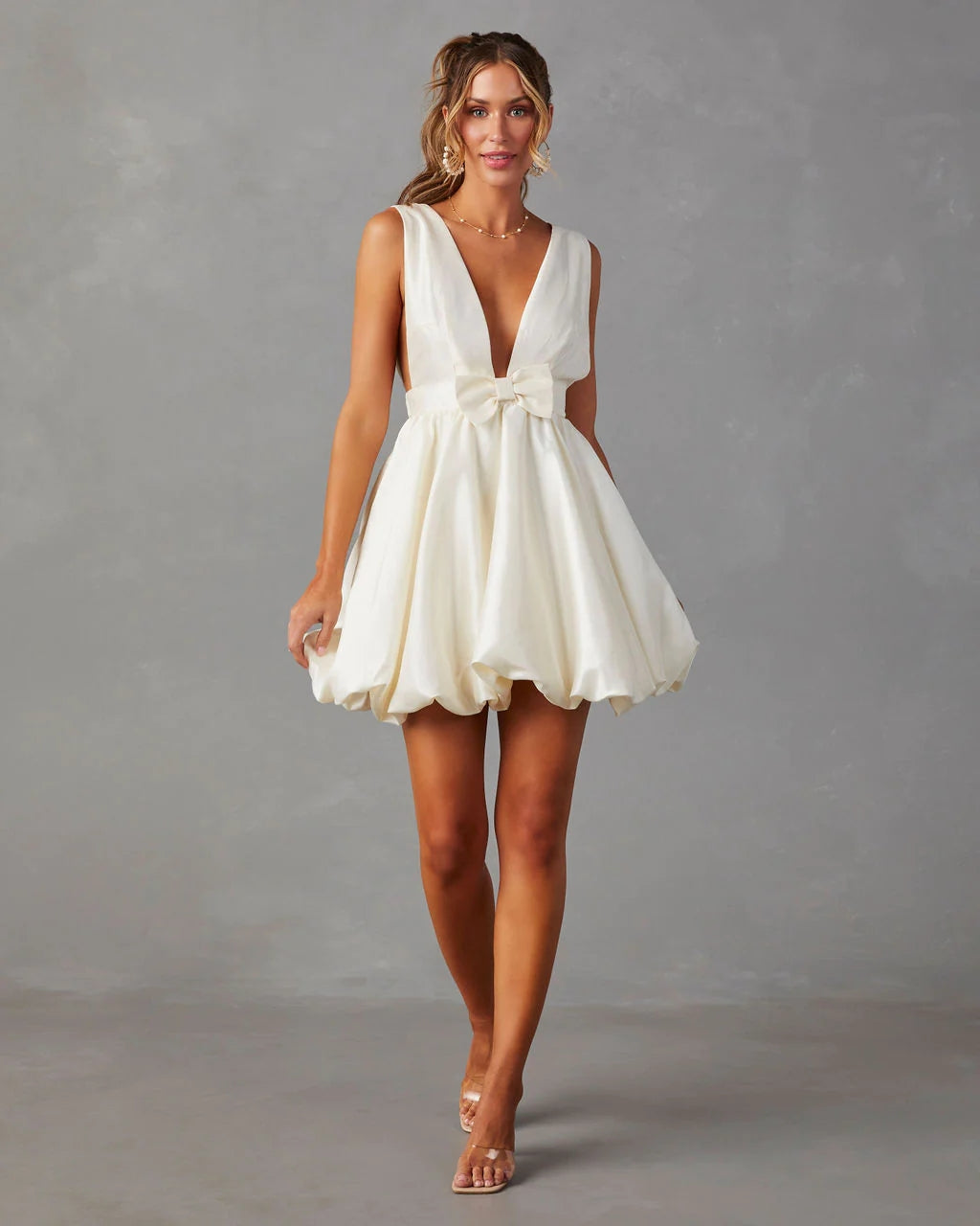 Beige Bow Front Mini Dress