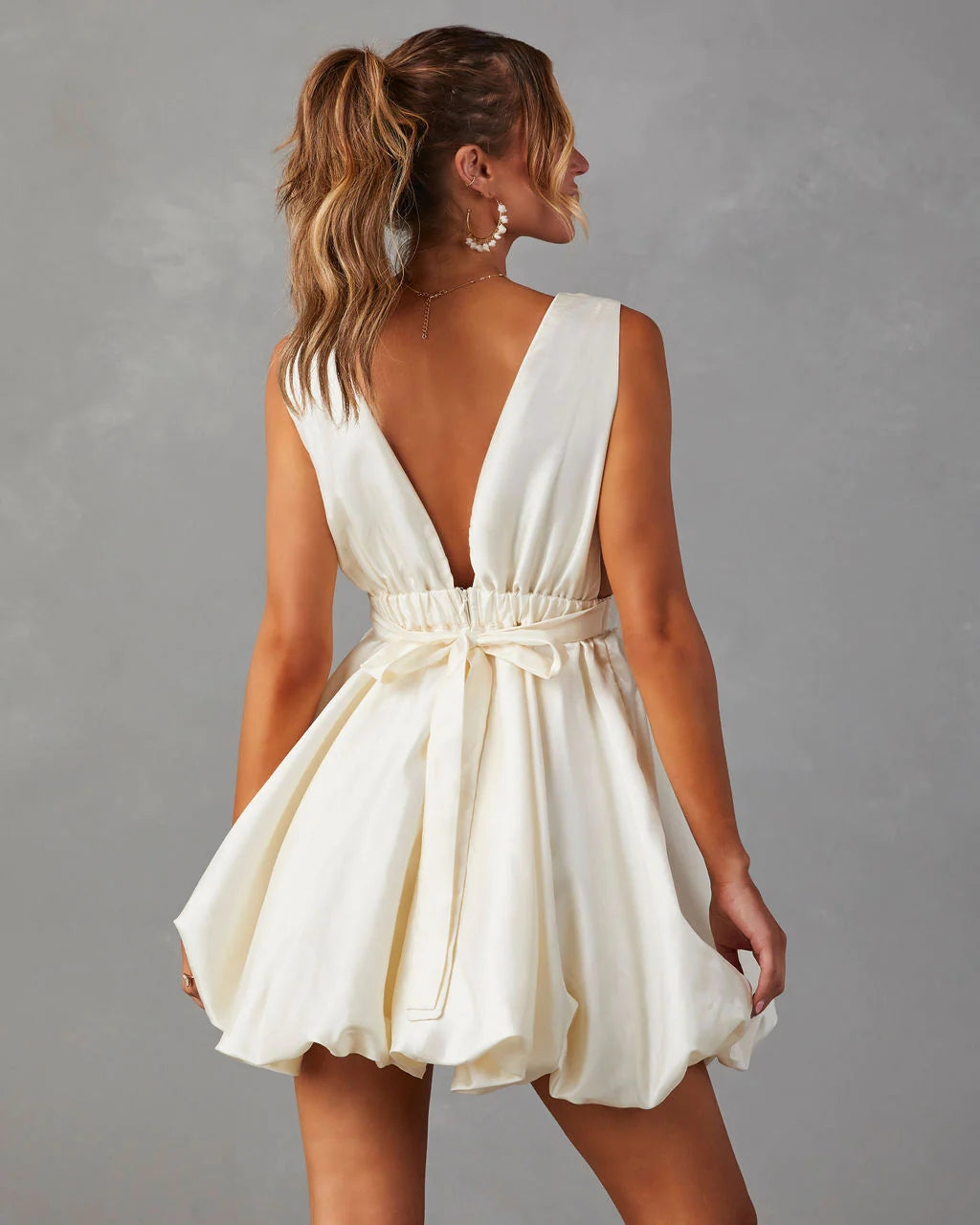 Beige Bow Front Mini Dress