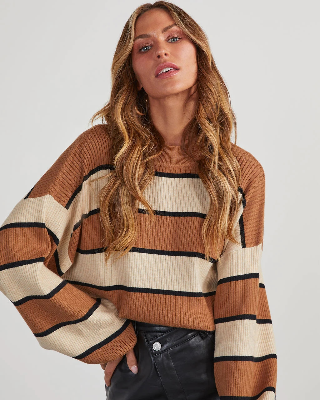 Brown Striped Print Knit Sweater