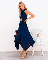 Navy Crossover Halter Midi Dress