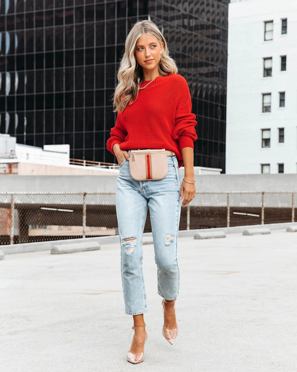 Red Ribbed Knit Batwing Sweater