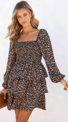 Black Floral Smocked Long Sleeves Dress