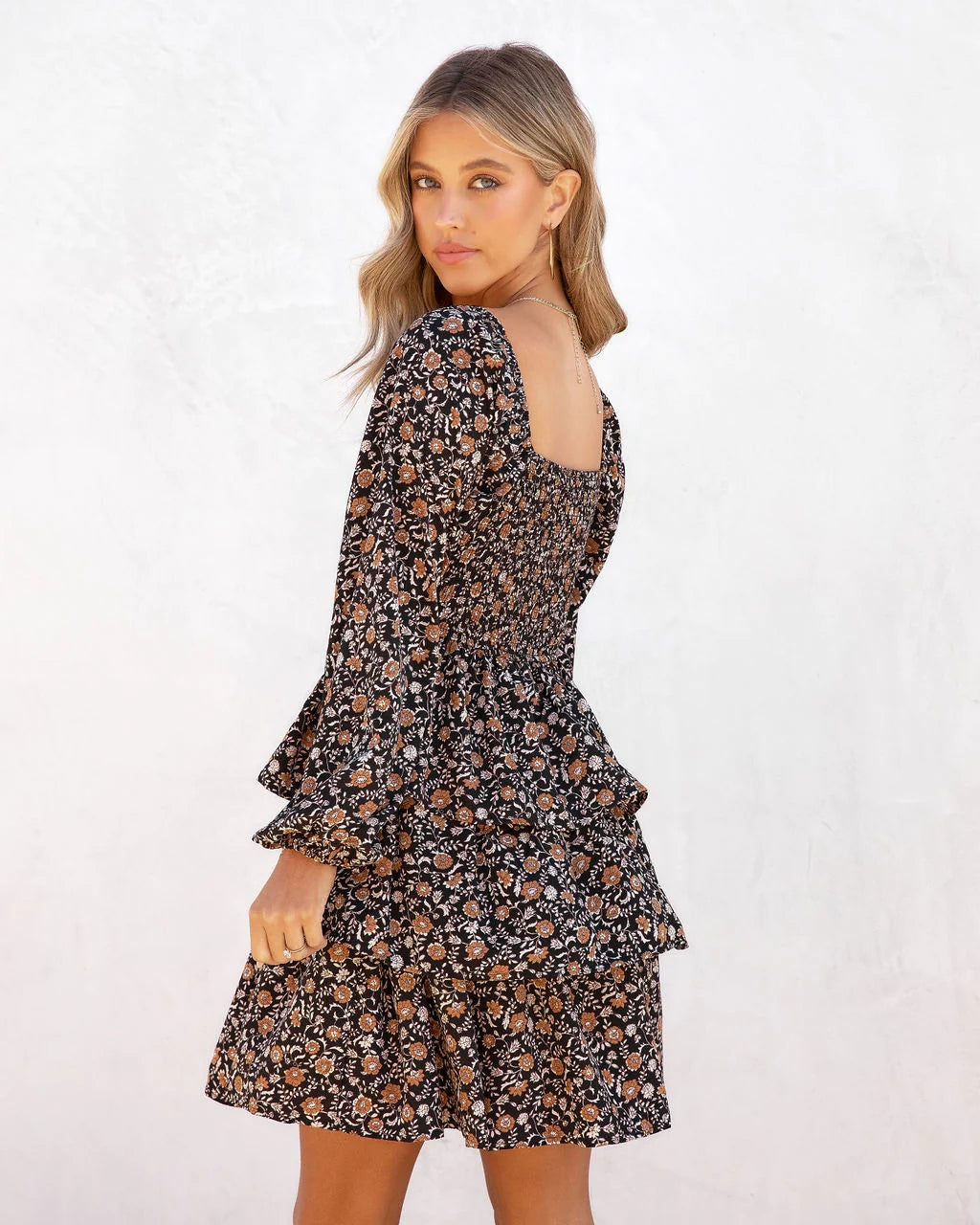 Black Floral Smocked Long Sleeves Dress