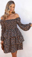 Black Floral Smocked Long Sleeves Dress