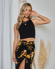 Yellow Floral Slit Midi Skirt