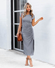 Grey Ruched Slit Midi Dress