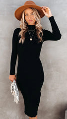 Black Ribbed Knit Midi Dress