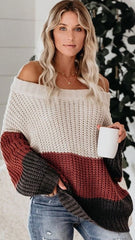 Brown Colorblocked Off Shoulder Sweater