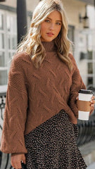 Brown Cable Knit High Neck Sweater