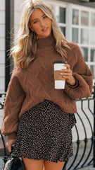 Brown Cable Knit High Neck Sweater