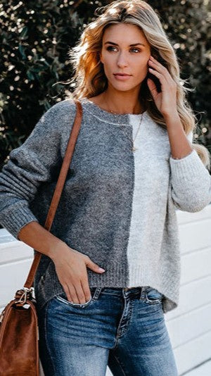 Grey Color Block Knit Sweater