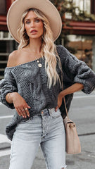 Grey Off Shoulder Cable Knit Sweater