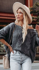 Grey Off Shoulder Cable Knit Sweater