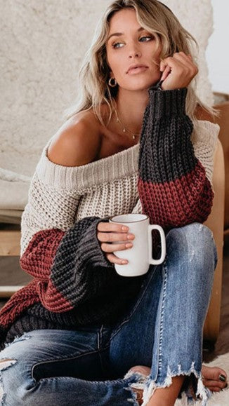 Brown Colorblocked Off Shoulder Sweater