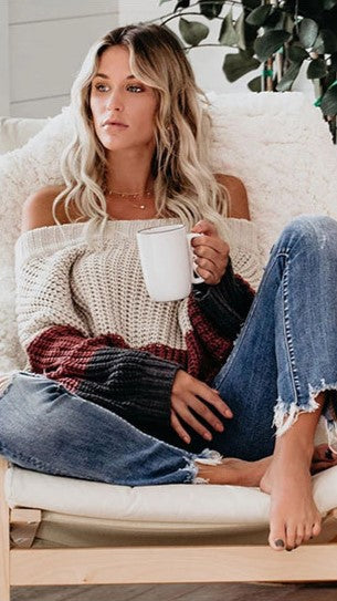 Brown Colorblocked Off Shoulder Sweater