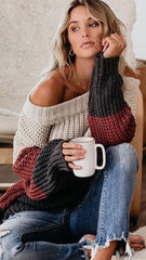 Brown Colorblocked Off Shoulder Sweater