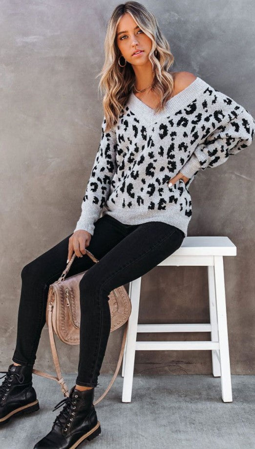 Grey Leopard Print Knit Sweater