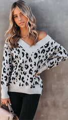 Grey Leopard Print Knit Sweater