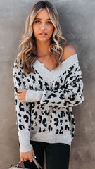 Grey Leopard Print Knit Sweater