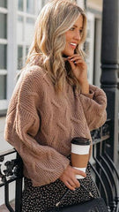 Camel Cable Knit High Neck Sweater