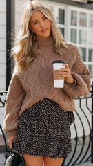 Camel Cable Knit High Neck Sweater