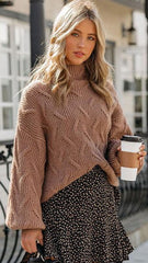 Camel Cable Knit High Neck Sweater