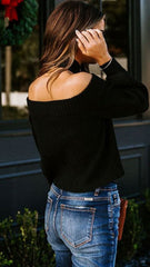 Black Cold Shoulder Crop Sweater