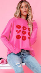 Hot Pink Lips Print Knit Sweater
