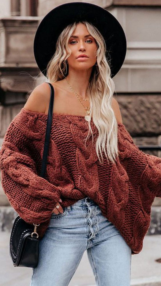 Brown Off Shoulder Cable Knit Sweater
