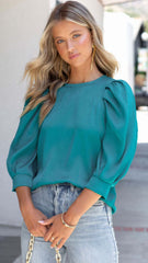 Green Puff Sleeves Blouse