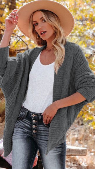 Grey Open Front Knit Cardigan