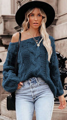 Teal Off Shoulder Cable Knit Sweater