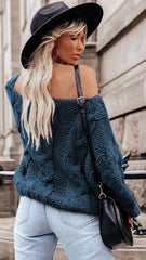 Teal Off Shoulder Cable Knit Sweater