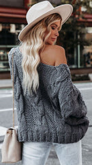 Grey Off Shoulder Cable Knit Sweater