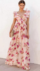 Pink Rose Print Maxi Dress