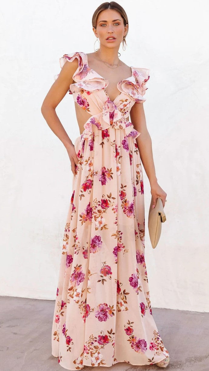 Pink Rose Print Maxi Dress