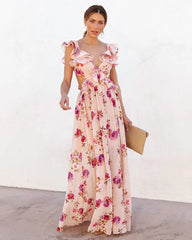 Pink Rose Print Maxi Dress