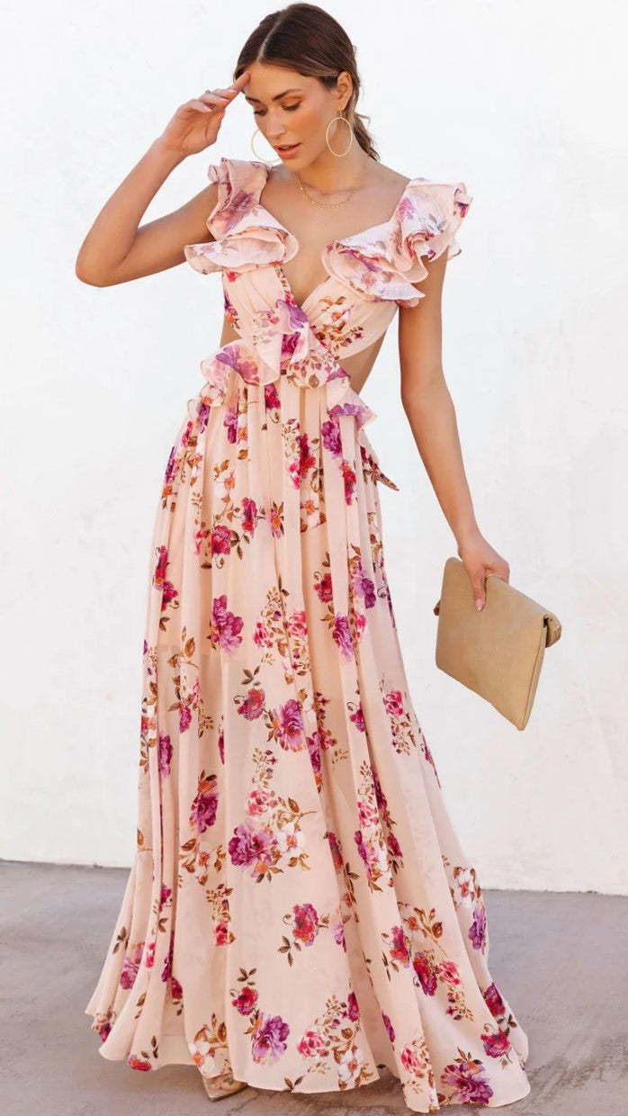 Pink Rose Print Maxi Dress