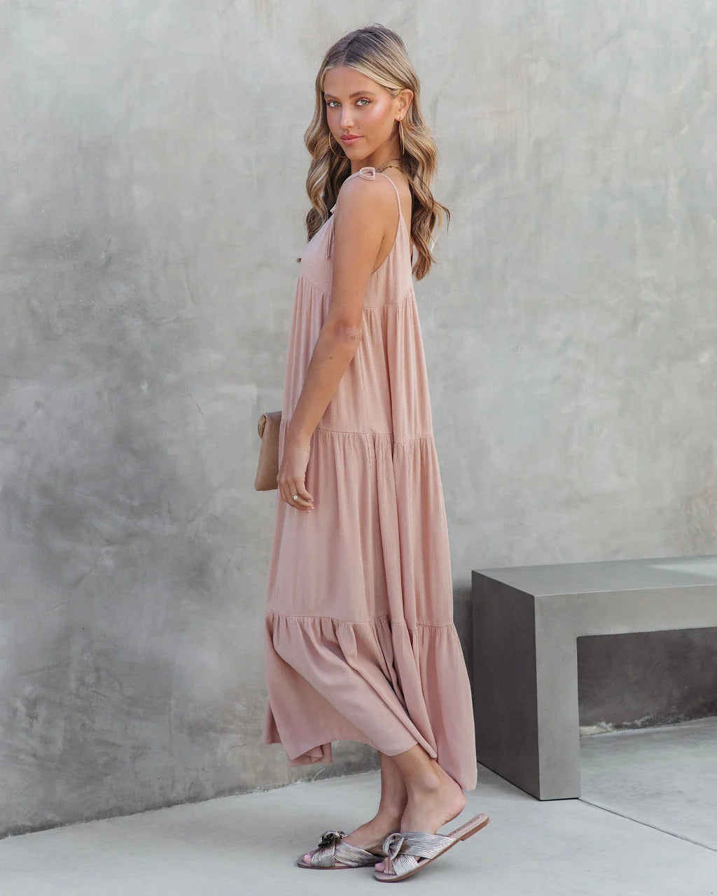 Dusty Pink Tiered Midi Dress