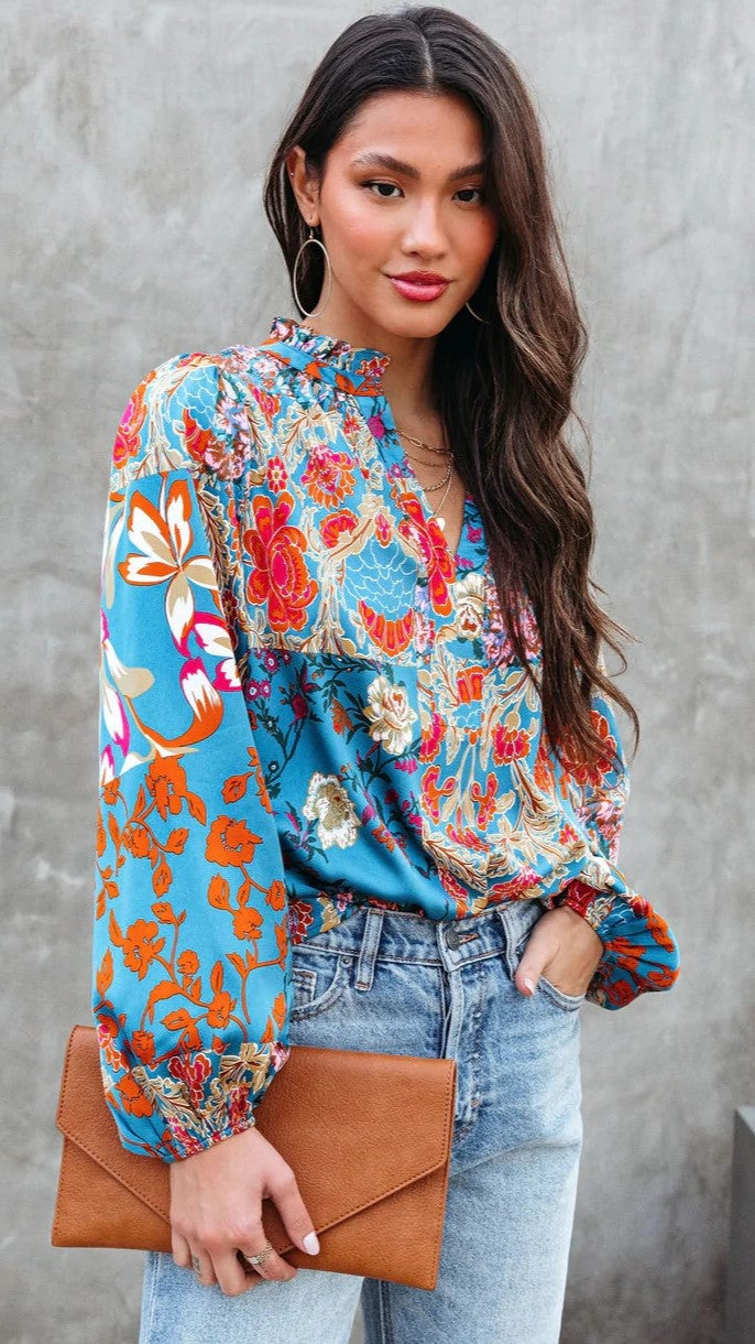 Blue Boho Floral Blouse