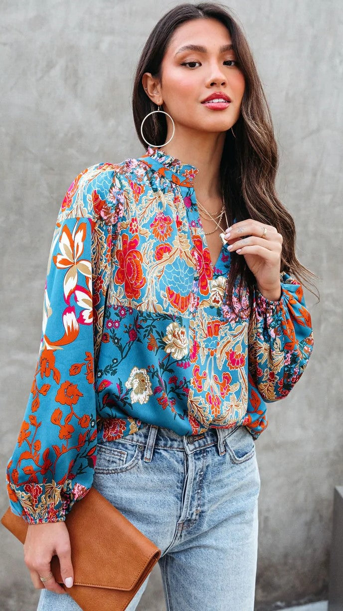 Blue Boho Floral Blouse