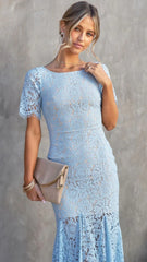 Light Blue Crochet Lace Midi Dress