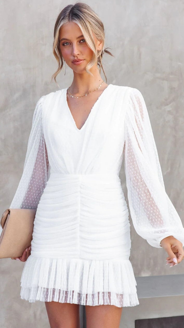 White Ruched Chiffon Mini Dress