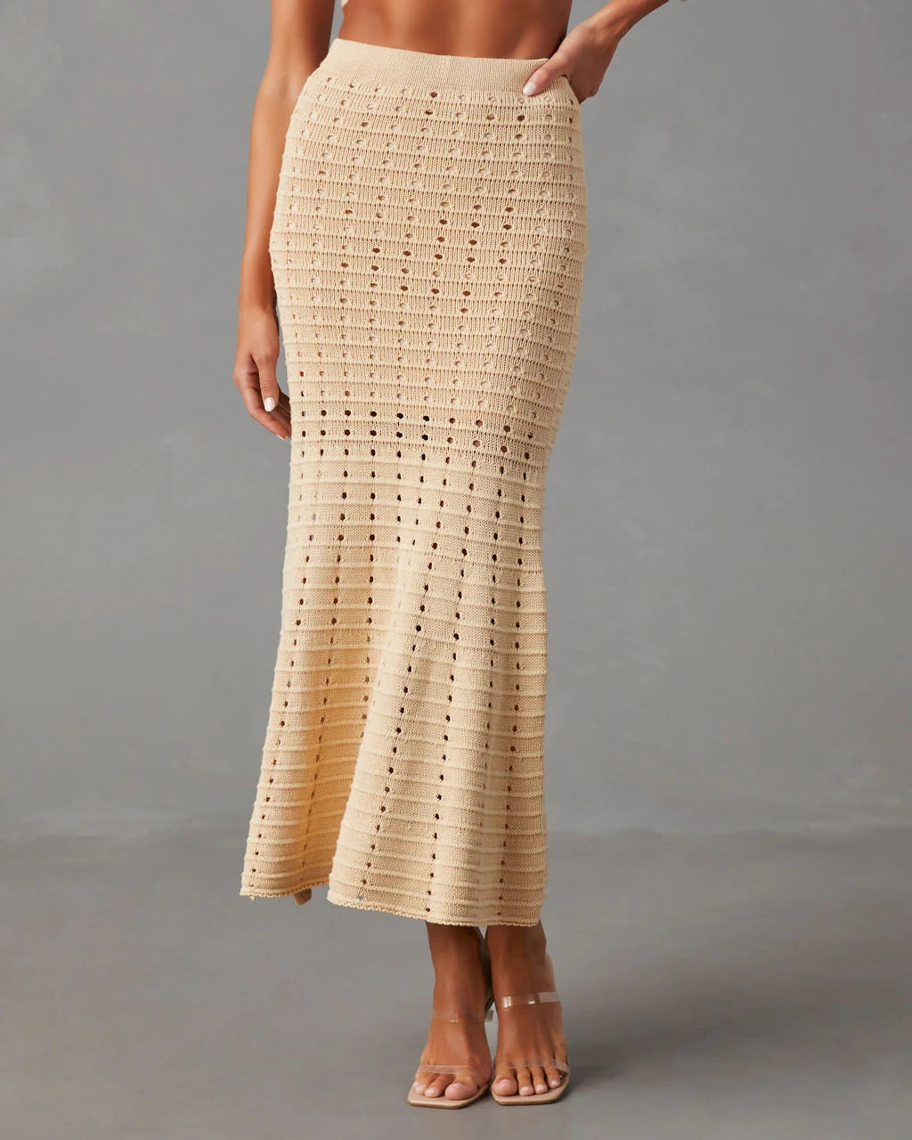 Light Khaki Crochet Knit Midi Skirt