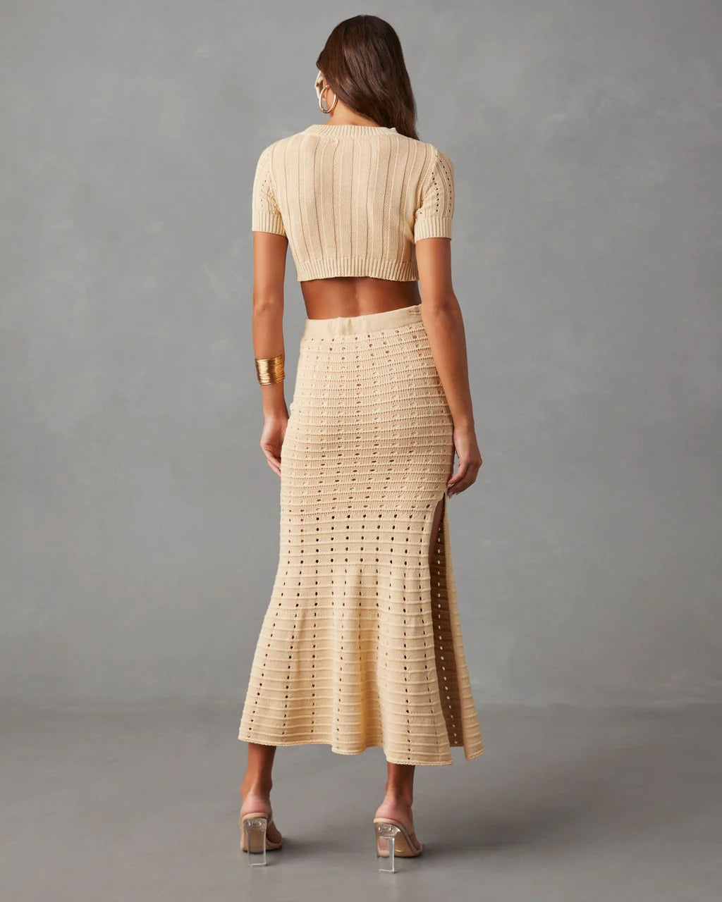 Light Khaki Crochet Knit Midi Skirt