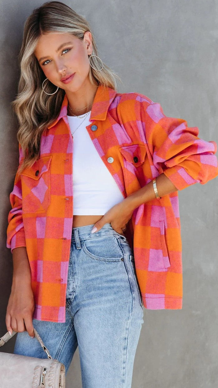 Orange Checkered Print Shacket