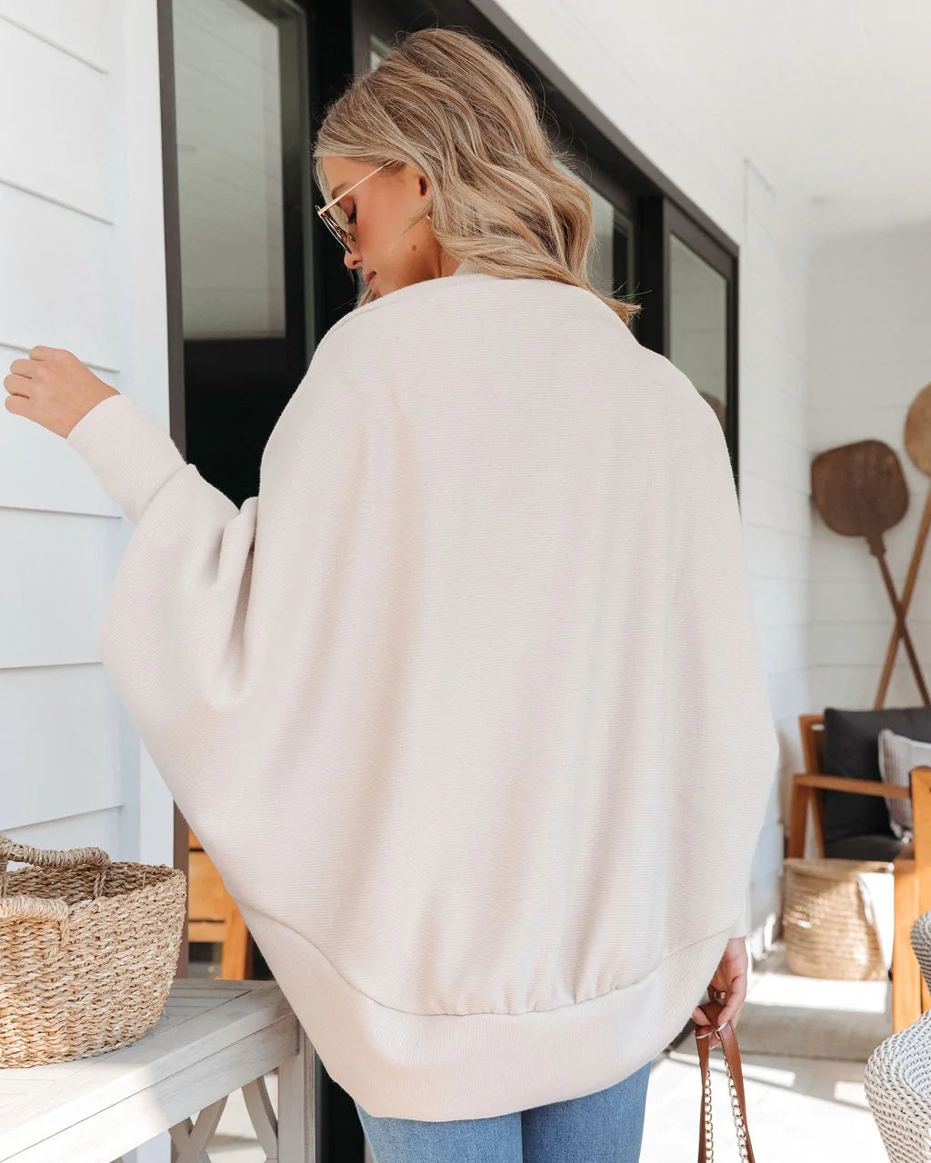 Beige Batwing Open Front Cardigan